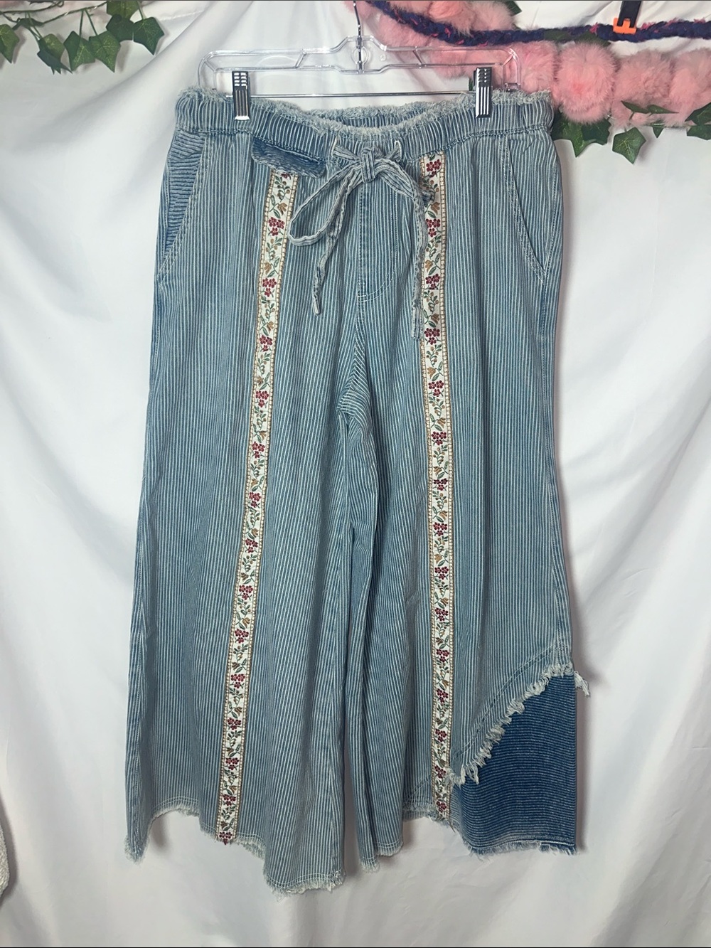POL Light Blue Pinstripe Wide-Leg Pants with Floral Trim